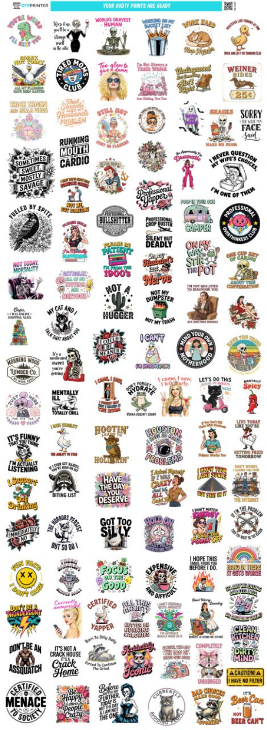 UVDTF Huge Sarcastic Bundle β 60β Sheet Preview (103 decals)